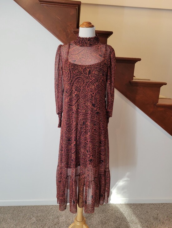 FARM Rio Dresses & Skirts - Farm Rio Mesh Dress Mock Neck Anthropologie Printed Paisley Midi Brown Size M